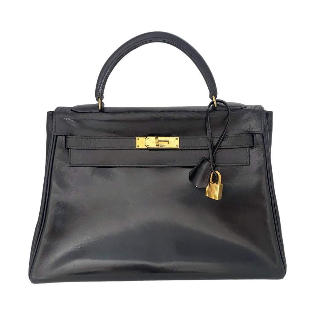 Hermès Kelly 32 Black Box Black Leather Fair condition - Front View