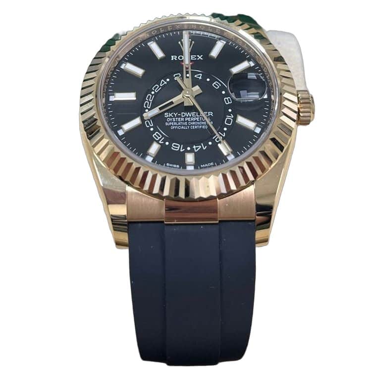Rolex Yellow Gold Sky-Dweller Watch - Black Index Dial - Oysterflex Bracelet 42mm Black Never worn - Front View