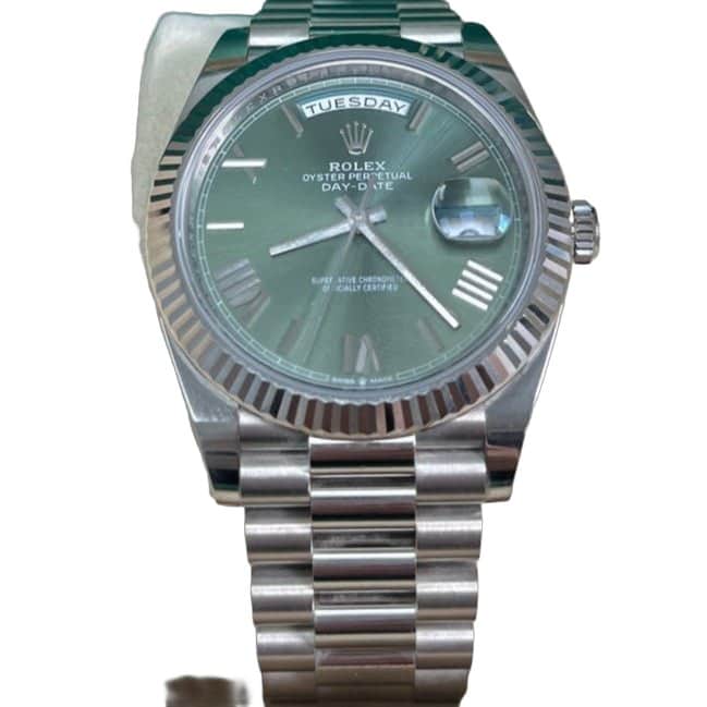 Rolex White Gold Day-Date 40 Watch - Fluted Bezel - Olive Green Bevelled Roman Dial - President Bracelet Green Never worn - Front View