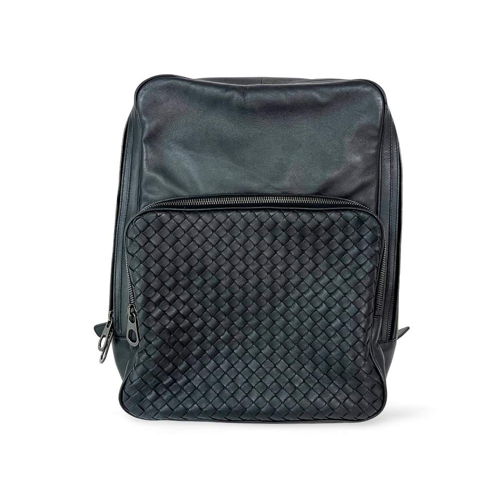 Bottega Veneta Intrecciato Leather Backpack Black Black Leather Good - Front View