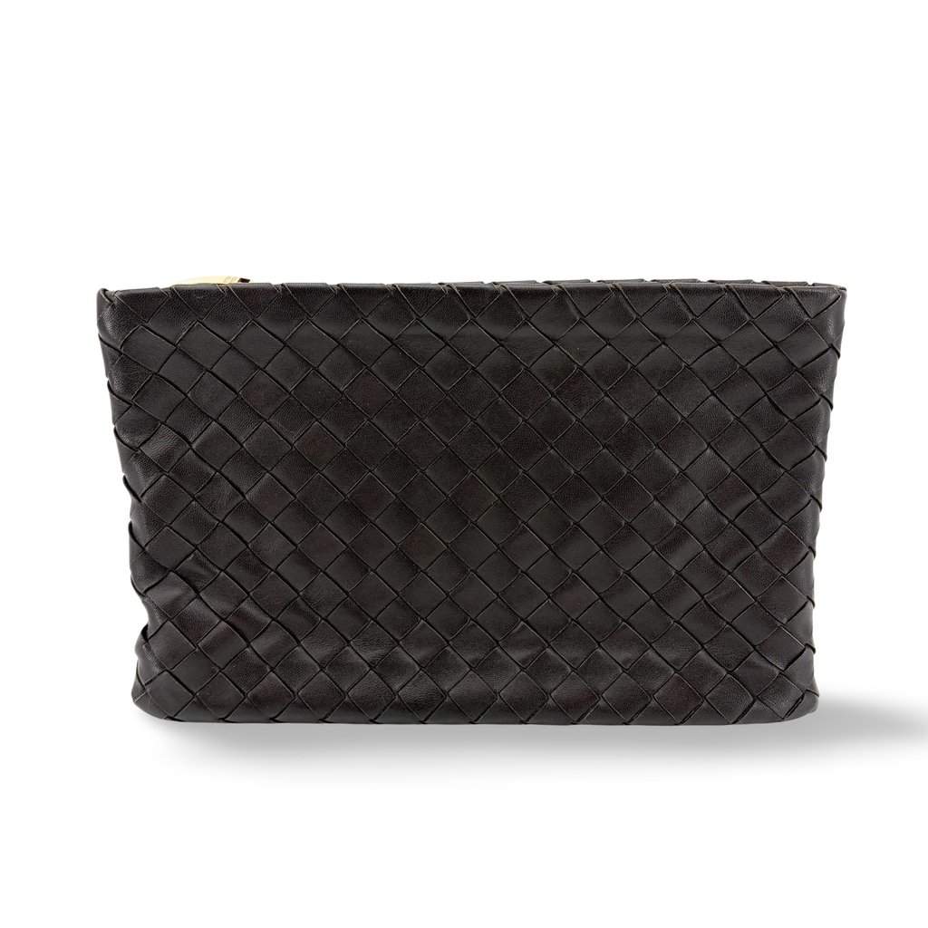 Bottega Veneta Intrecciato Leather Medium Clutch Espresso Brown Leather Good - Front View