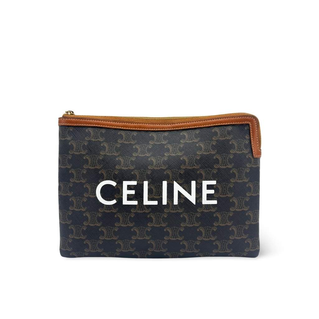 Celine Triomphe Canvas Zipped Pouch Tan Black Canvas Very good - Front View