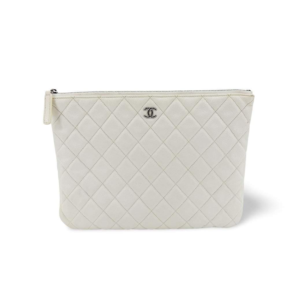 Chanel Classic Large Pouch Grained Calfskin Silver Hardware White White Leather Good - Front View