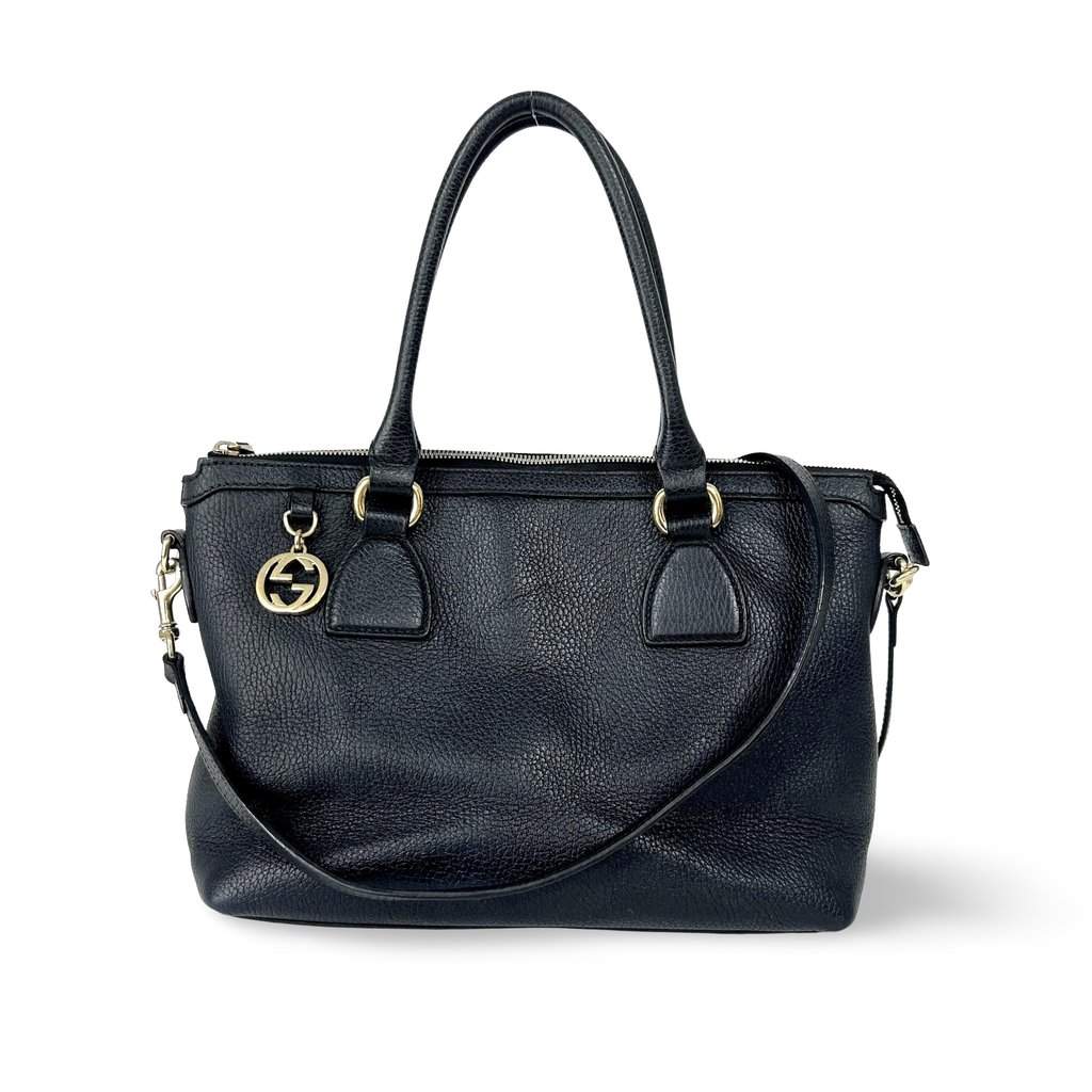 Gucci Interlocking G Medium Pebble Leather Tote Bag Black Black Fair - Front View