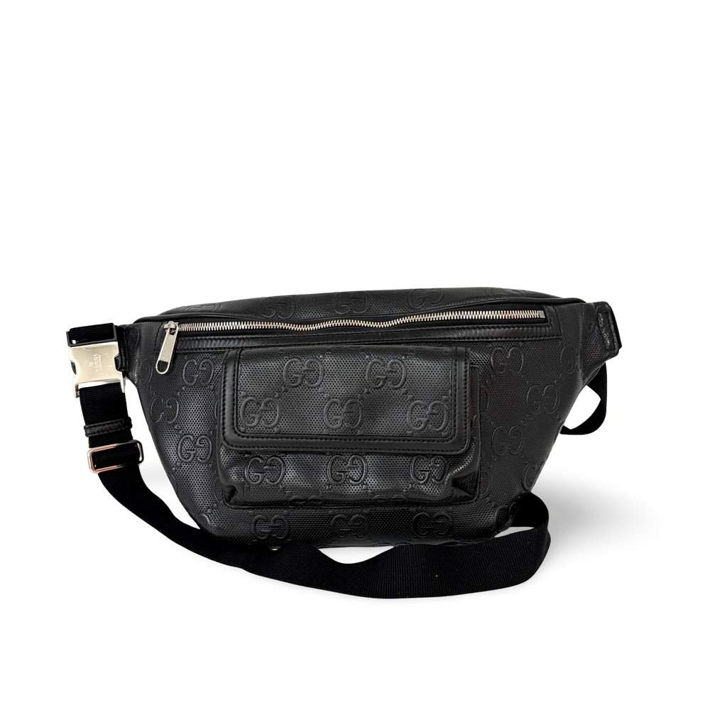 Gucci GG Embossed Belt Bag Black Black Leather Fair - Front View