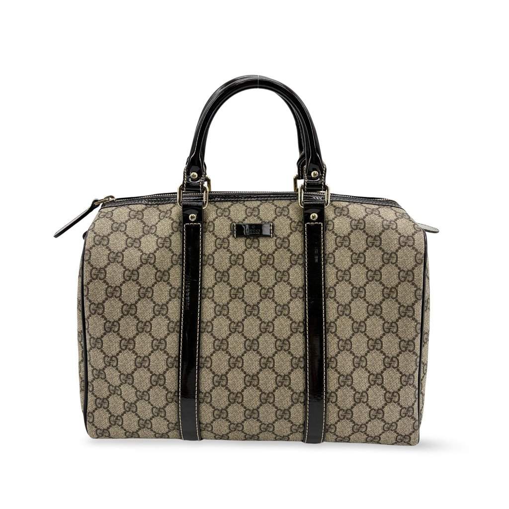 Gucci GG Supreme Joy Boston Bag Black Patent Beige Canvas Good - Front View