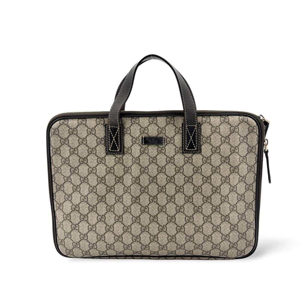Gucci GG Supreme Canvas Briefcase Brown Beige Canvas Good - Front View