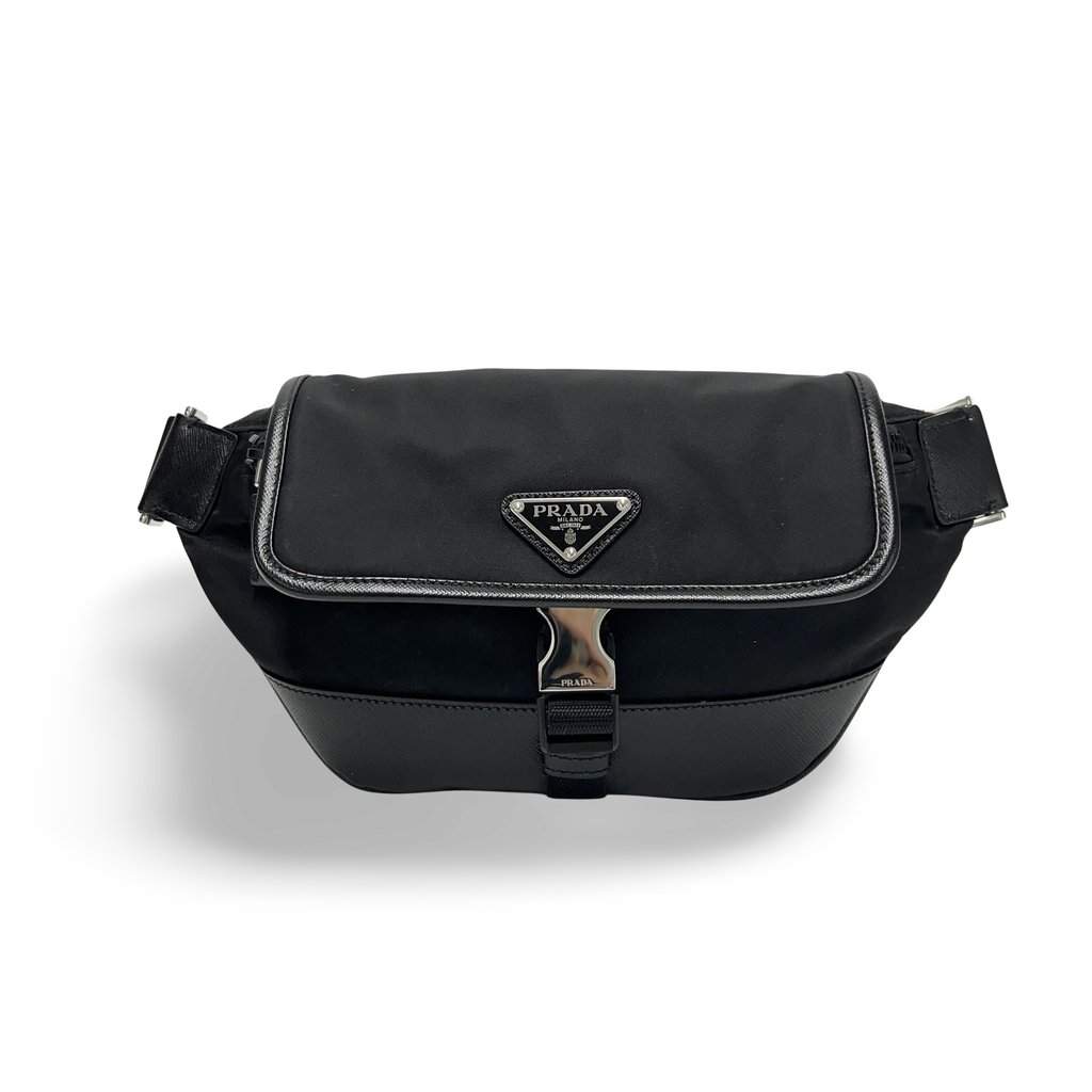 Prada Re-Nylon and Saffiano Leather Slingback (Shoulder Bag) Black Leather Good - Front View