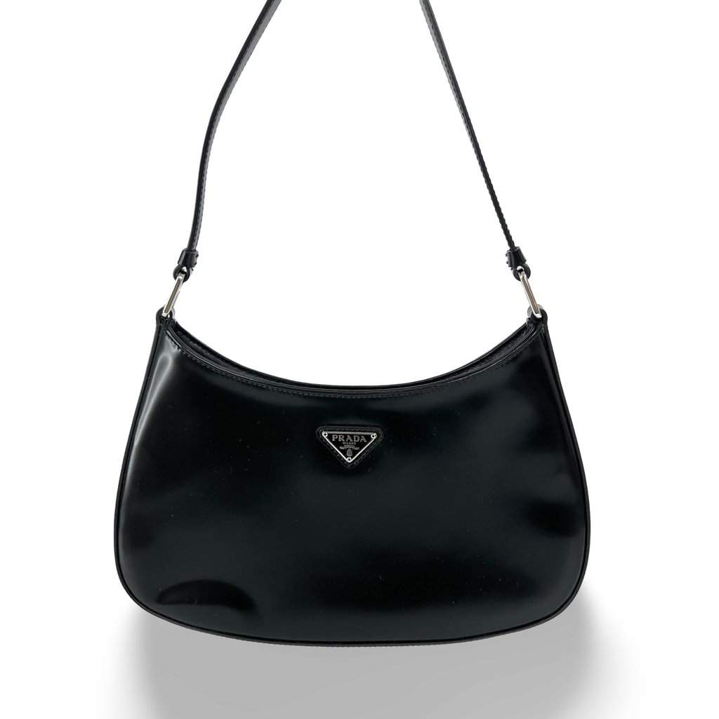 Prada Cleo Brushed Leather Shoulder Bag Black Black Leather Very good - Front View