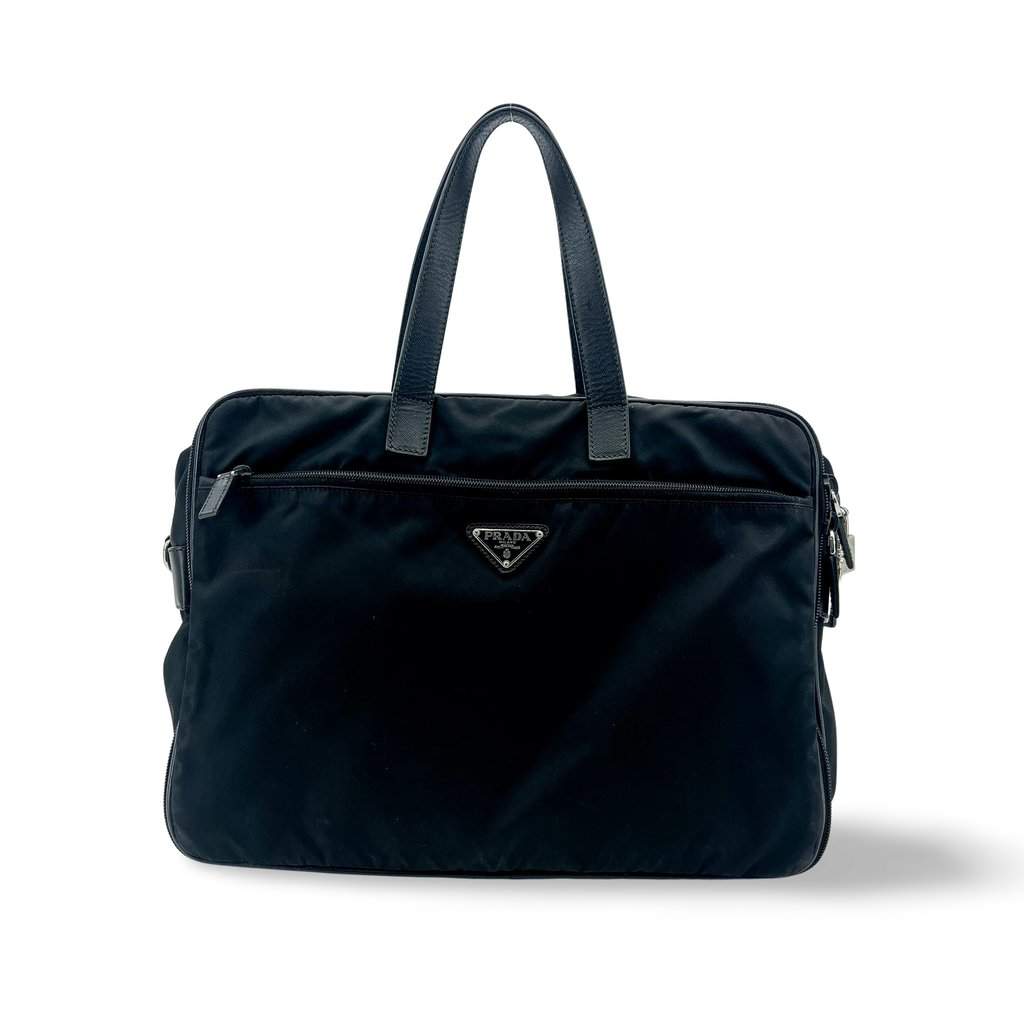 Prada Tessuto Nylon Saffiano Briefcase Black MultiColor Leather Good - Front View