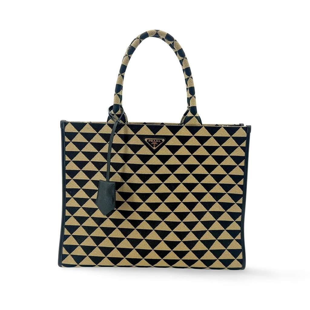 Prada Symbol Embroidered Fabric Large Tote Bag Black Beige MultiColor Leather Very good - Front View
