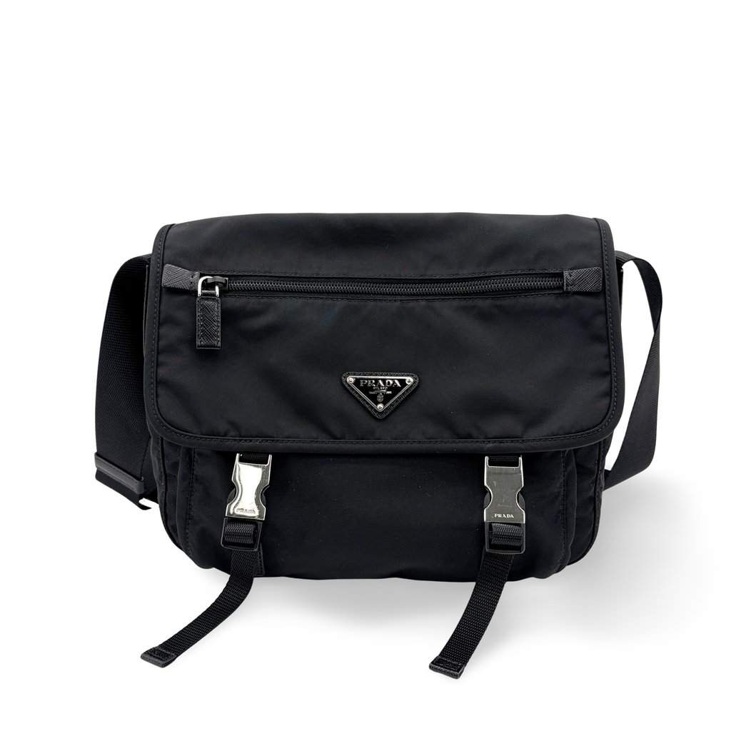 Prada Re-Nylon and Saffiano Leather Messenger Bag Black Black Leather Good - Front View