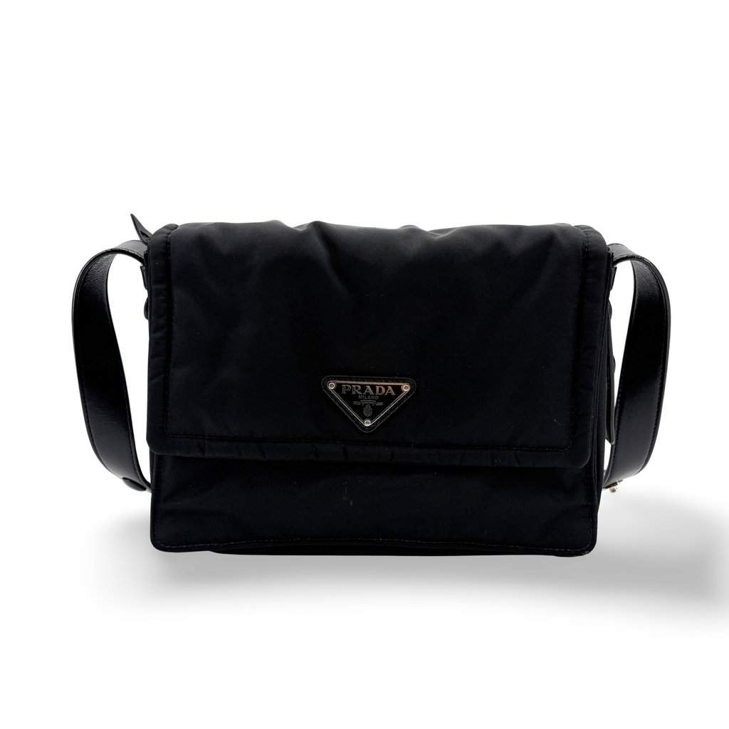 Prada Re-Nylon and Saffiano Leather Messenger Bag Black Black Leather Good - Front View