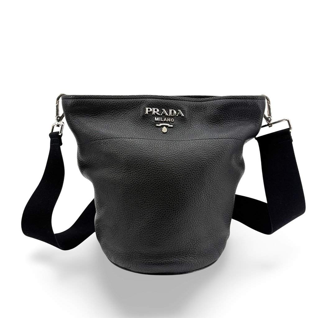 Prada Vitello Dino Leather Bucket Bag Black Silver Hardware Black Leather Good - Front View