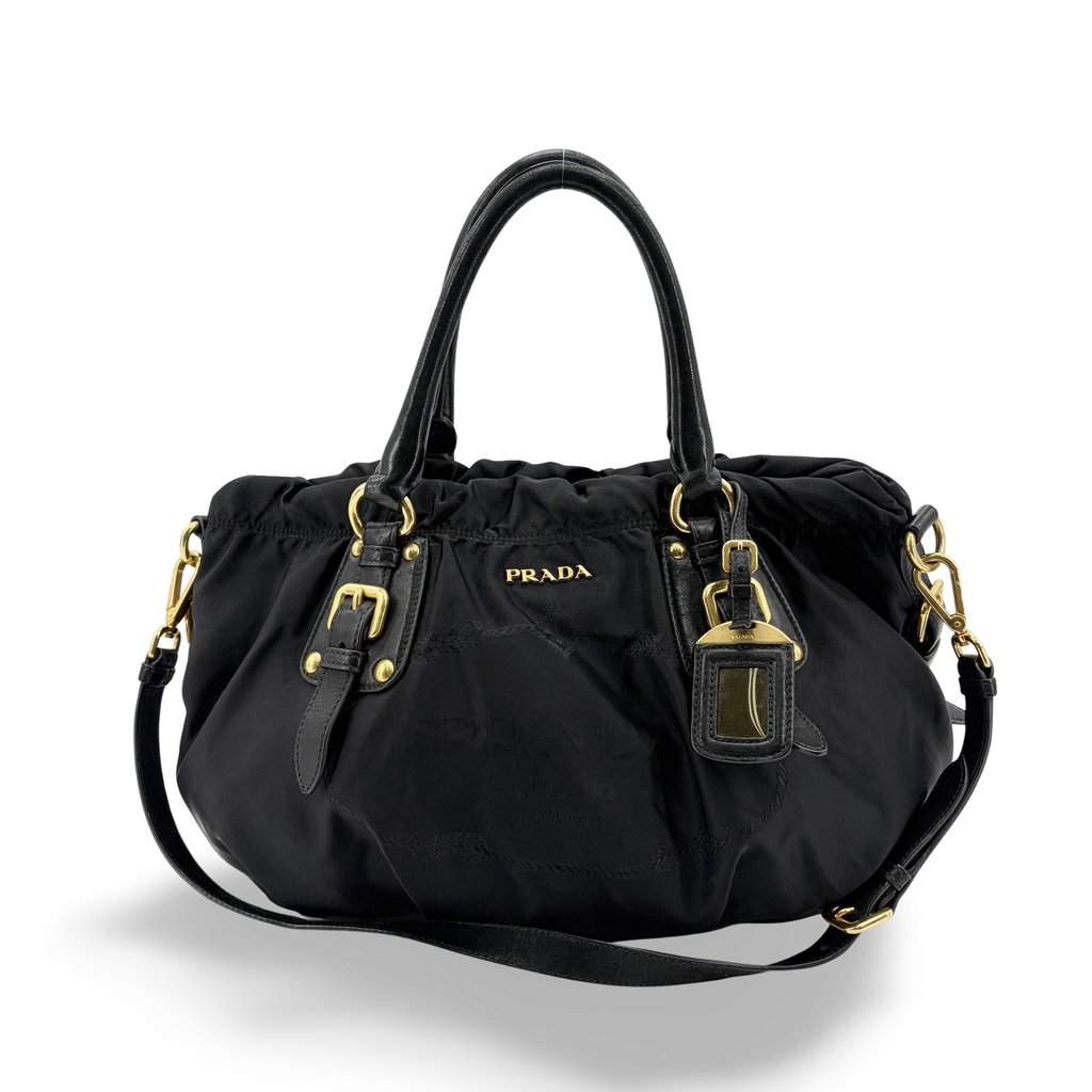 Prada Tessuto Gaufre 2-way Tote Bag Black Black Leather Good - Front View