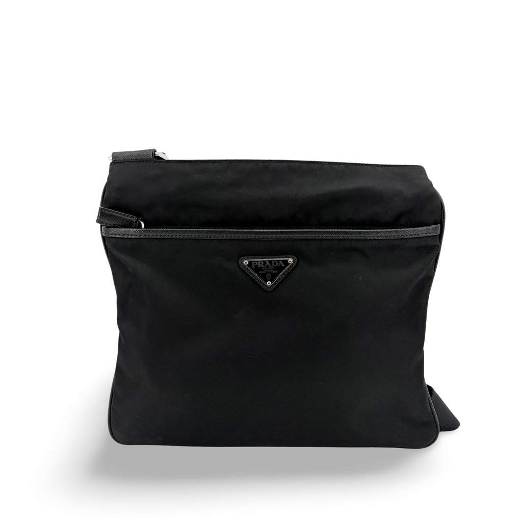 Prada Re-Nylon Saffiano Shoulder Bag Black Black Leather Good - Front View