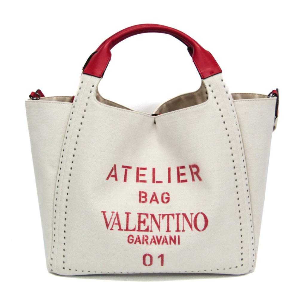 Valentino Garavani Atelier Leather Canvas Shoulder Tote Bag Red White Red Canvas Good - Front View