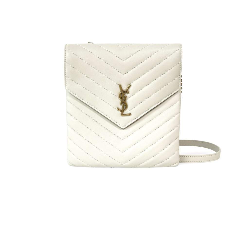 Saint Laurent Monogram Matelassé Phone Holder Shoulder Bag Blanc Vintage Gold Hardware Ecru Leather Good - Front View
