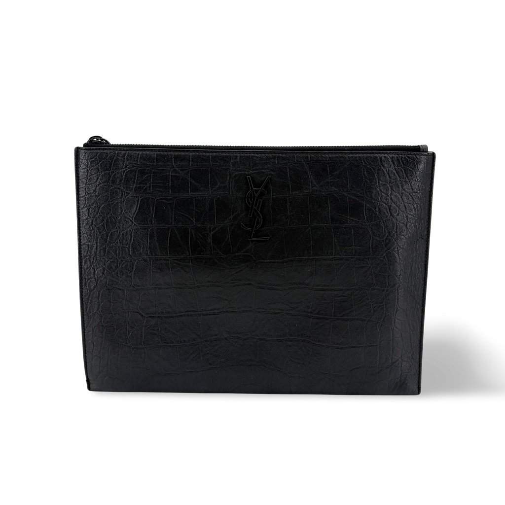 Saint Laurent Monogram Document Case Crocodile Embossed Black Black Leather Very good - Front View
