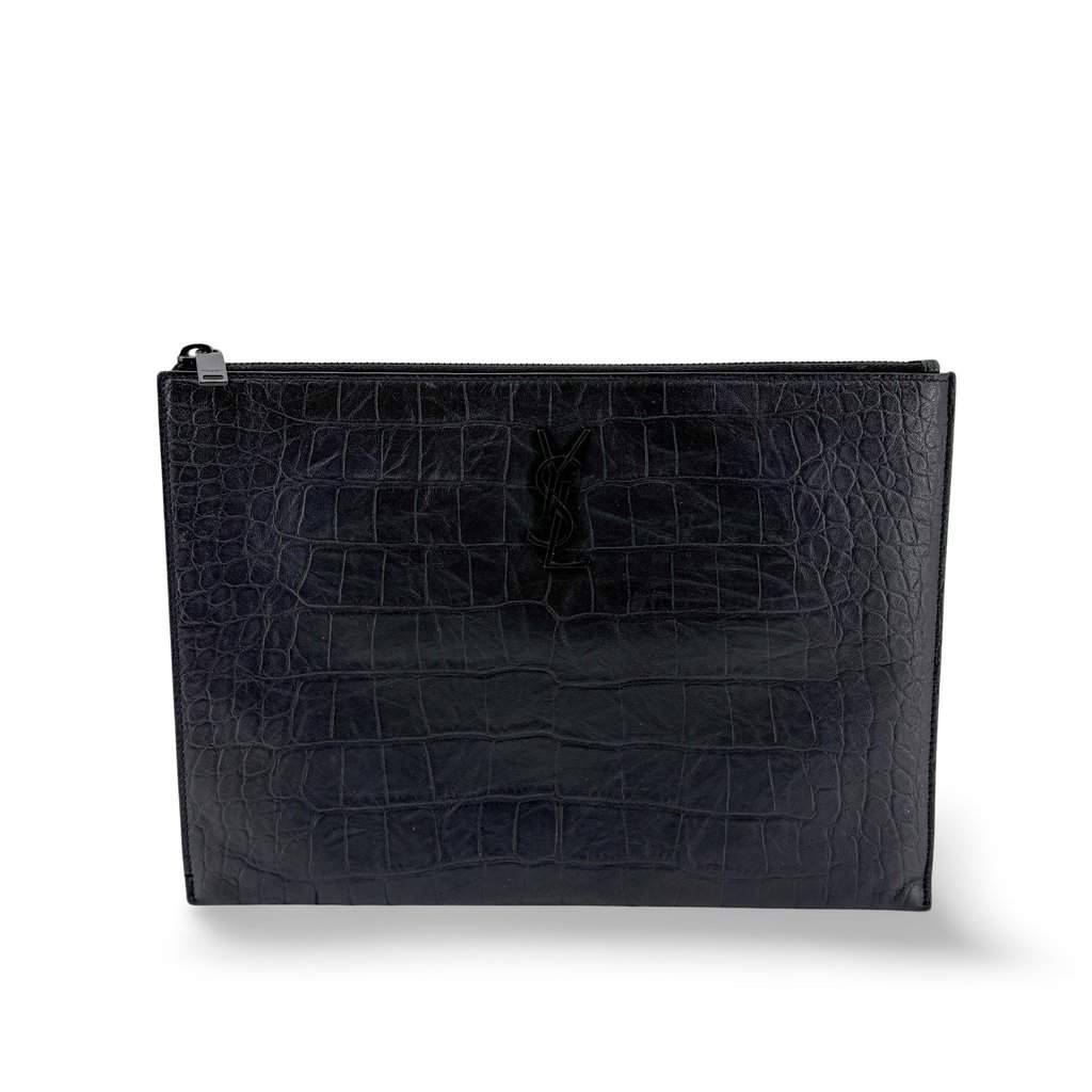 Saint Laurent Monogram Croc-Embossed Leather Document Holder Black Black Leather Very good - Front View