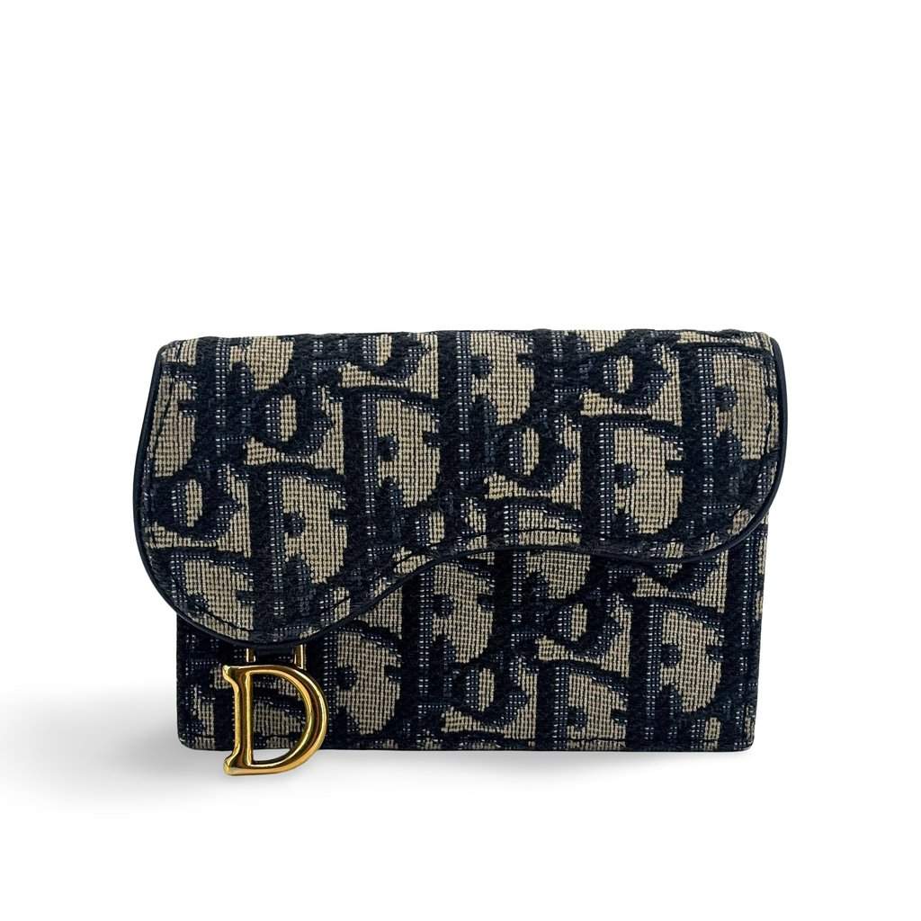 Dior Saddle Flap Card Holder Blue Oblique Jacquard Beige Jacquard Good - Front View