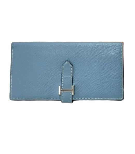 Hermès Bean Long Wallet Epsom & Palladium Hardware Blue France P Engraving Blue Leather Very good - Front View