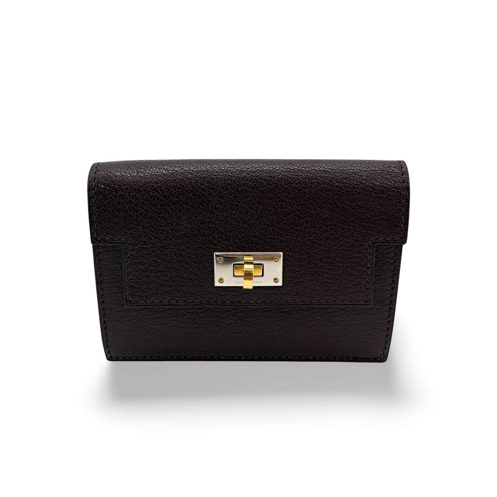 Hermès Kelly Pocket Slim Wallet Goatskin Electrum Hardware Rouge Selie Brown Leather Very good - Front View