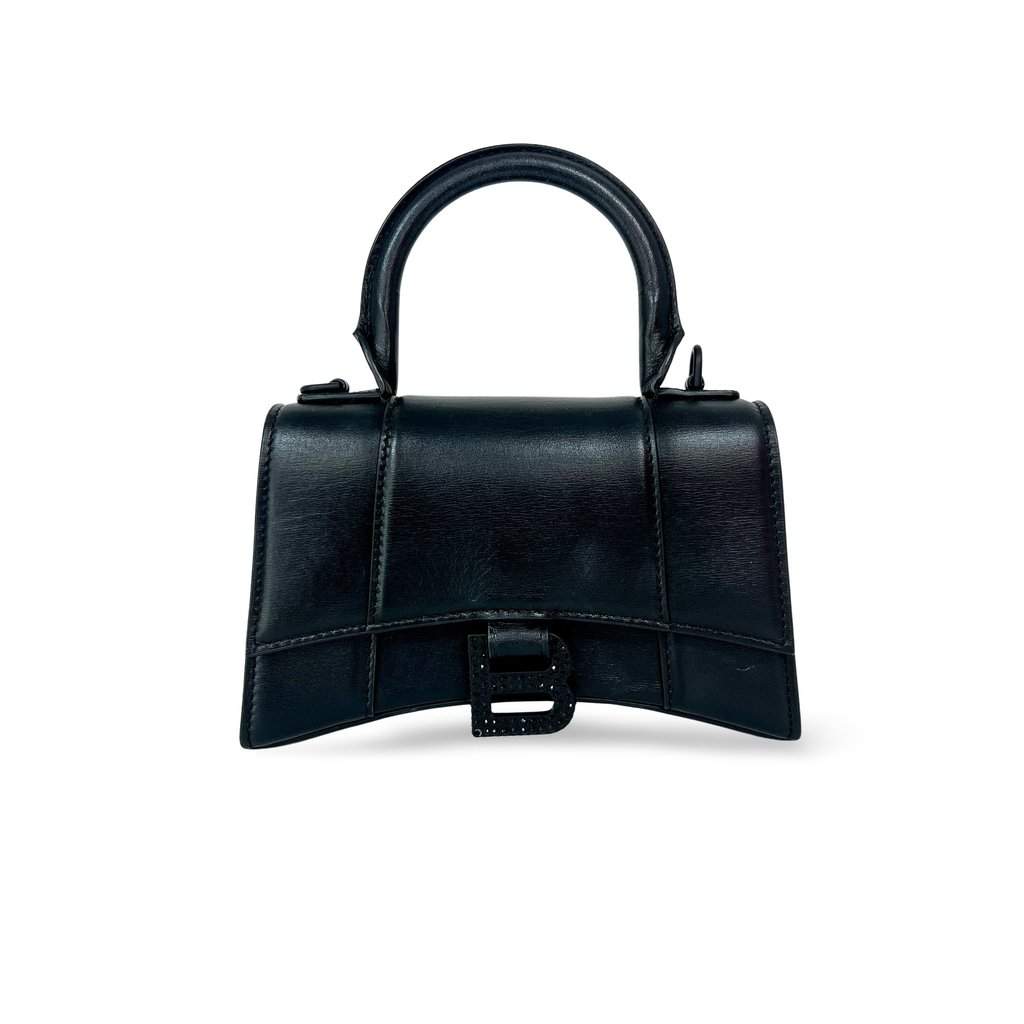 Balenciaga XS Hourglass Top Handle Bag Black Crystal Logo Black Leather Very good - Front View