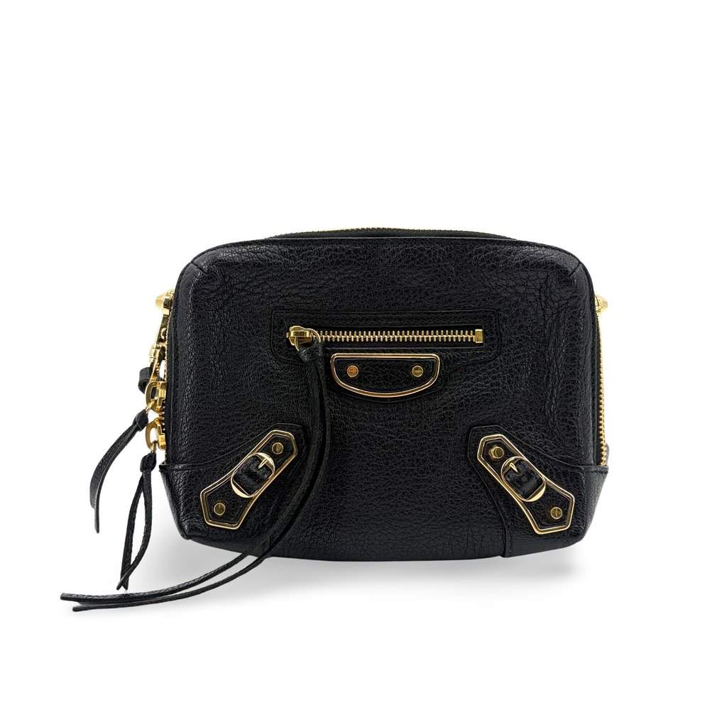 Balenciaga Classic Metallic Edge Reporter XS Black Gold Black Leather Good - Front View