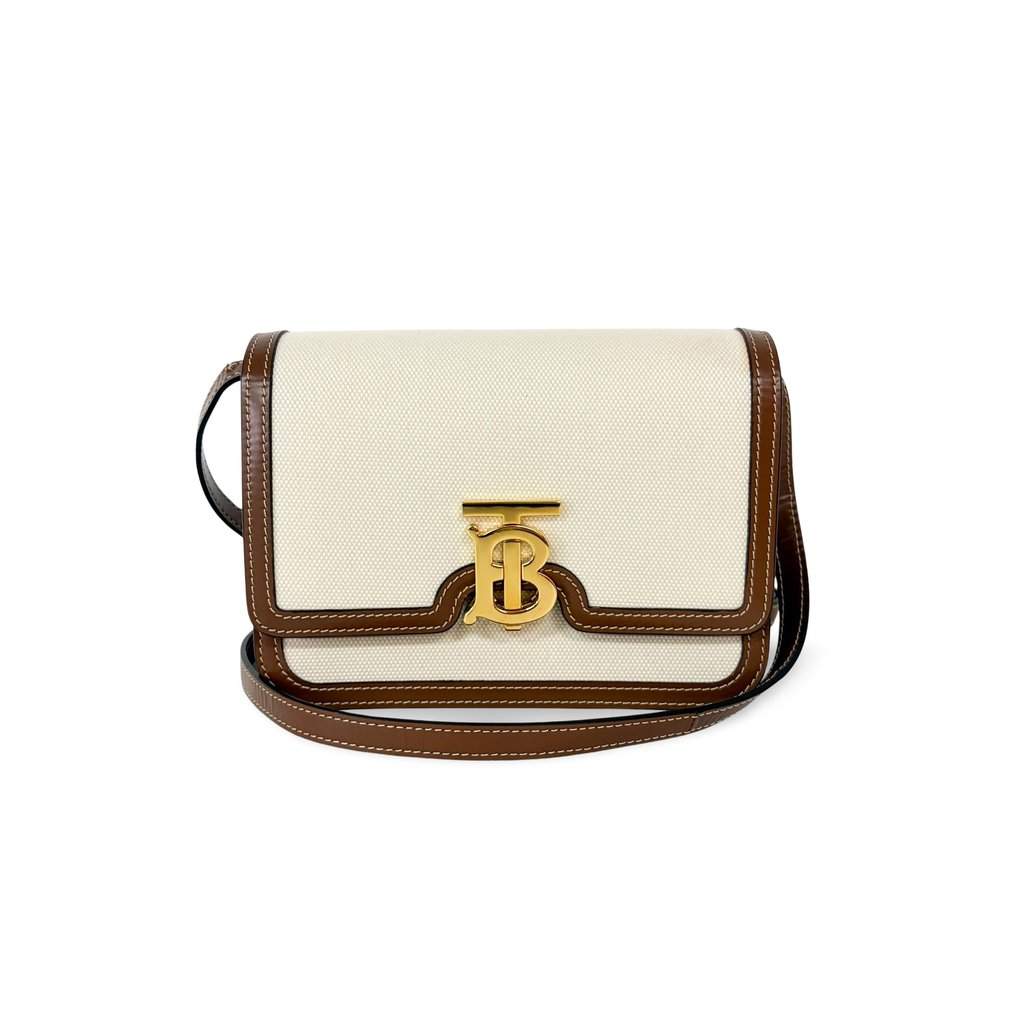 Burberry Small Two-tone Canvas Leather TB Bag Malt Brown Brown Canvas Good - Front View