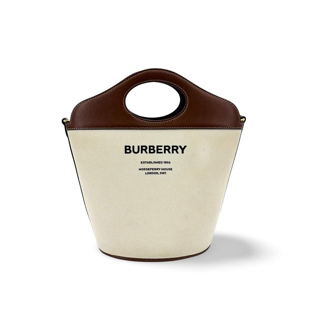 Burberry Small Canvas Leather Horseferry Print Pocket Bucket Bag Tan Natural Beige Canvas Very good - Front View