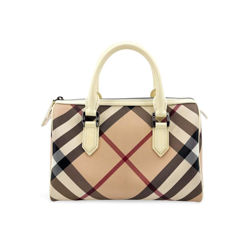 Burberry Nova Check Patent Trim Boston Bag Cream Beige Leather Good - Front View