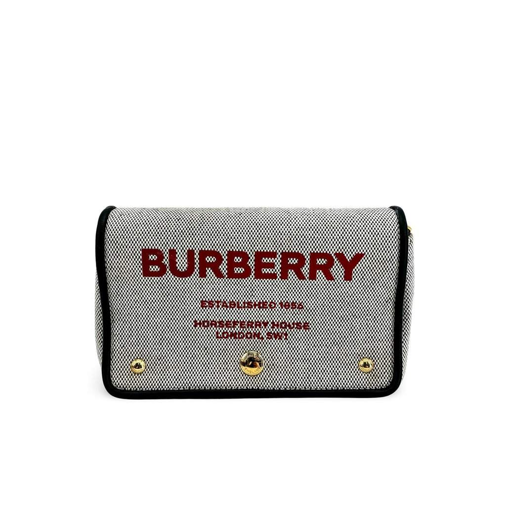 Burberry Horseferry Print Canvas Note Shoulder Bag Black White Black Canvas Good - Front View