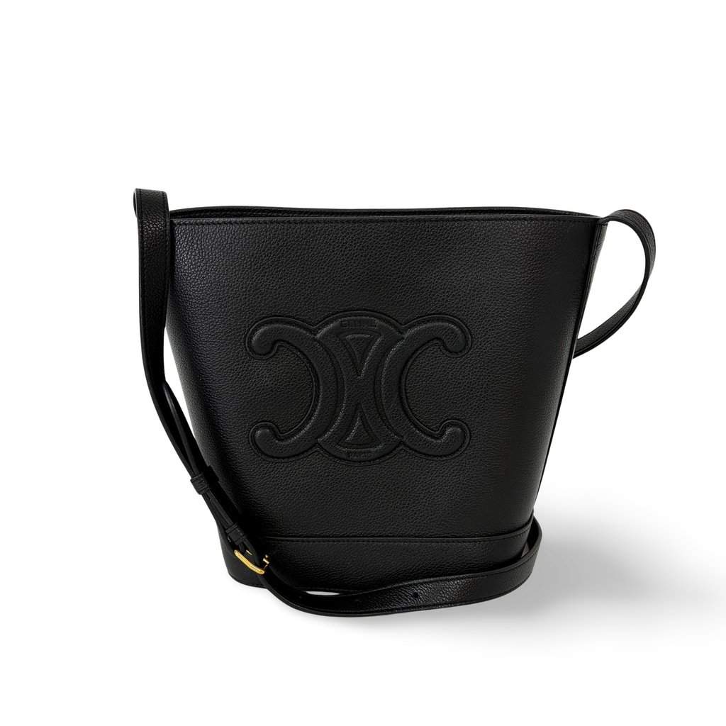 Celine Small Bucket Cure Triomphe Black Black Leather Good - Front View