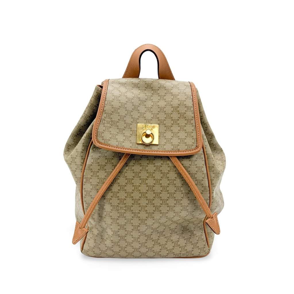 Celine Macadam Vintage Medium Backpack Brown Beige Canvas Good - Front View