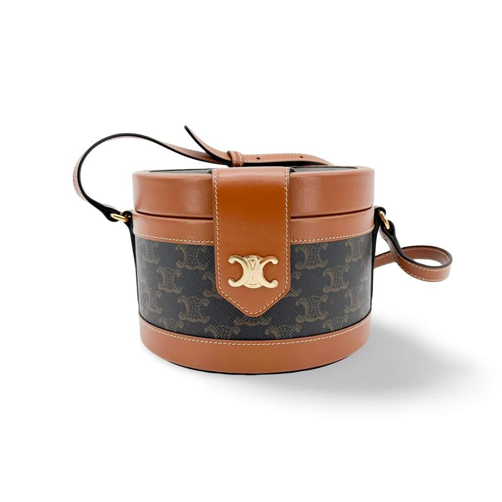 Celine Triomphe Canvas and Calfskin Medium Tambour Bag Tan Black Canvas Very good - Front View