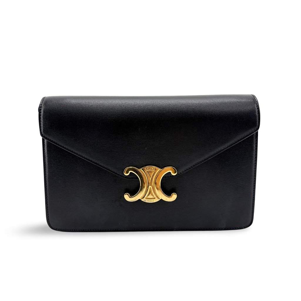 Celine Triomphe Shiny Calfskin Clutch Black Black Leather Very good - Front View