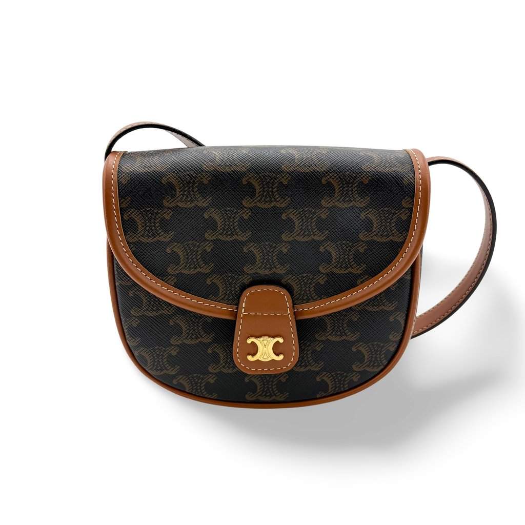 Celine Small Besace Triomphe Canvas & Calfskin Tan Black Canvas Very good - Front View