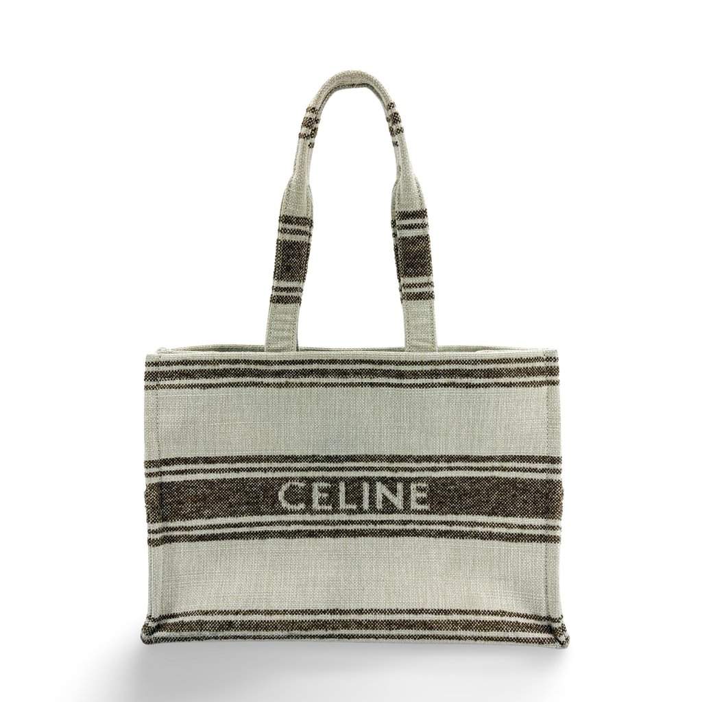 Celine Horizontal Cabas Textile Stripe Ecru Brown Beige Leather Good - Front View