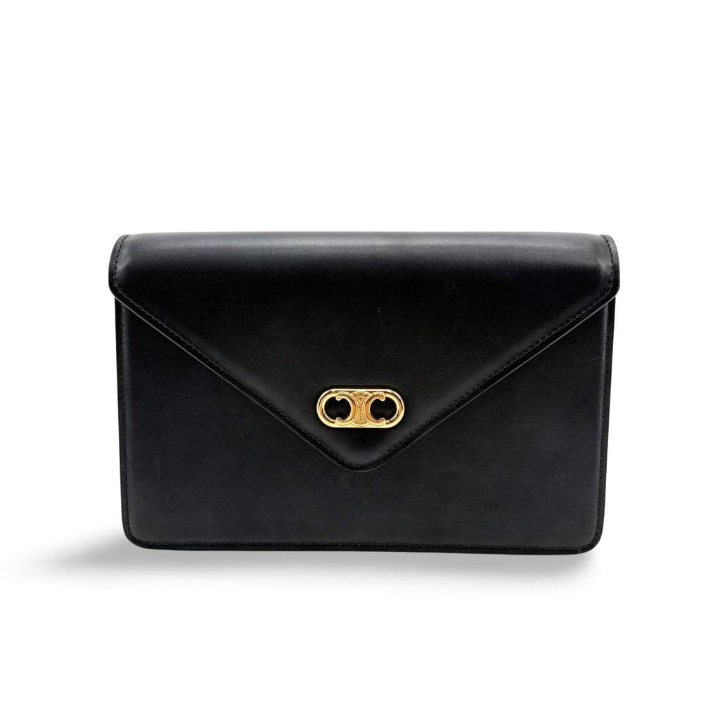 Celine Vintage Triomphe Leather Envelope Clutch Black Black Leather Very good - Front View