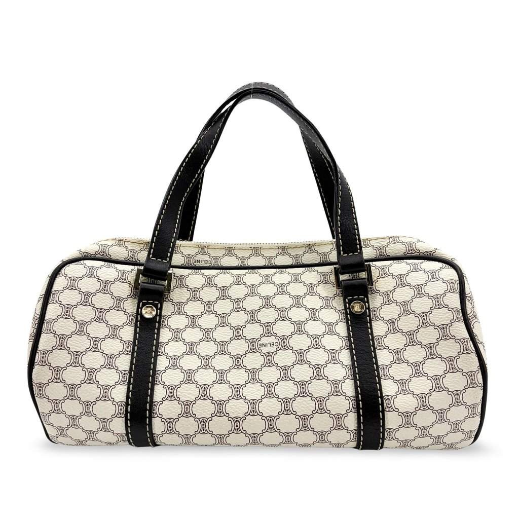 Celine Macadam Triomphe Canvas Barrel Bag White Black Black Canvas Good - Front View