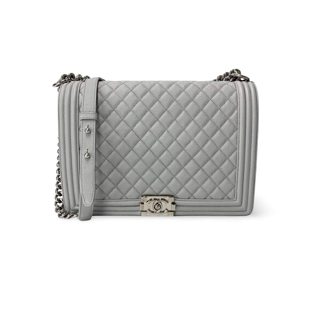 Chanel Boy Bag Caviar Silver Hardware Large Beige Leather Good - Front View