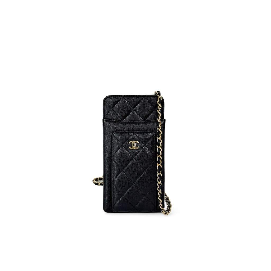 Chanel Classic Caviar Phone Holder with Chain Black Gold Black Leather Good - Front View