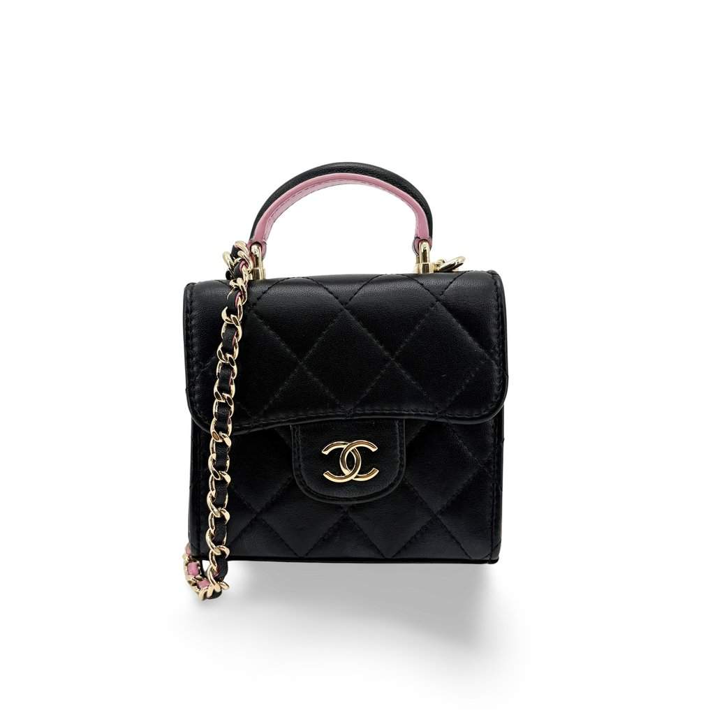 Chanel Lambskin Mini Top Handle Flap Bag Black Champagne Gold Black Leather Very good - Front View