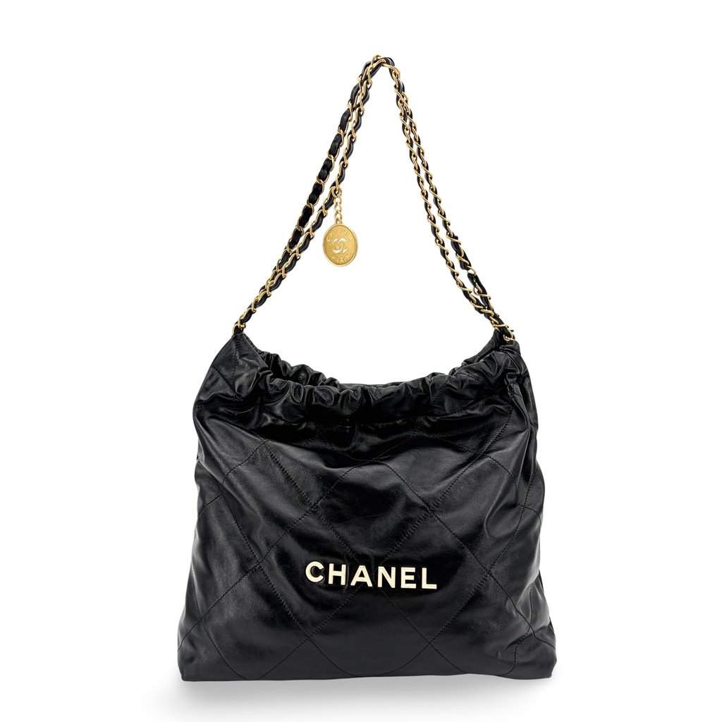 Chanel 22 Handbag Shiny Calfskin Black Gold Hardware Black Leather Very good - Front View