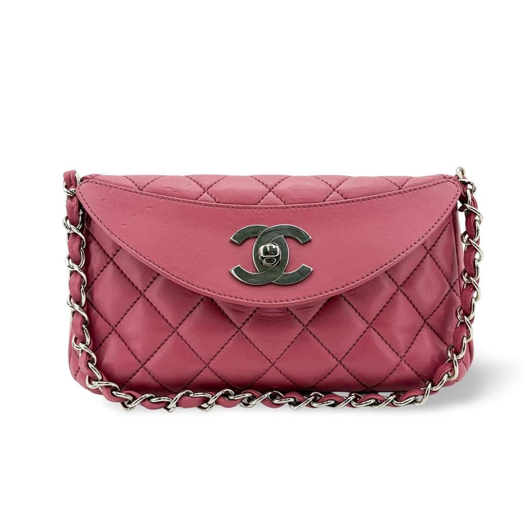 Chanel Quilted Lambskin Curved Flap Bag Pink Silver Hardware Pink Leather Good - Front View