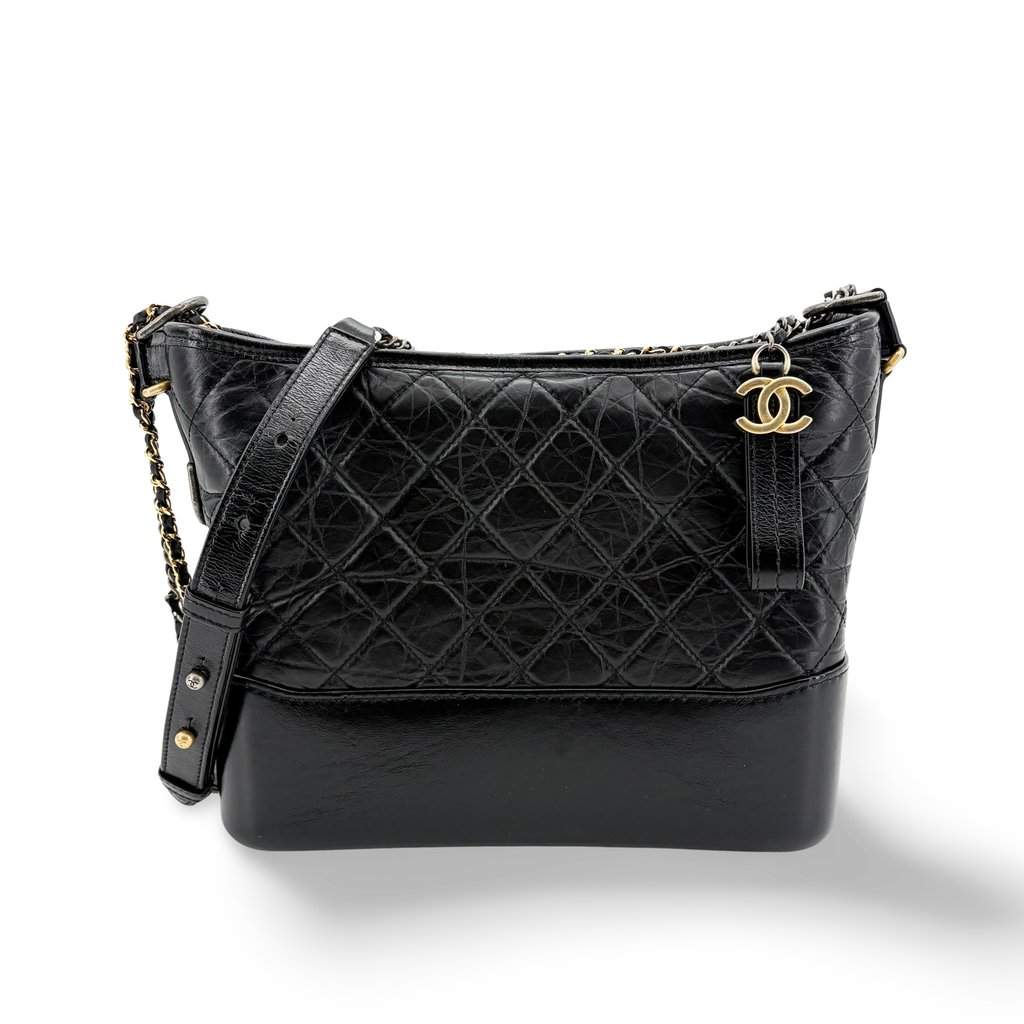 Chanel Gabrielle Medium Hobo Bag Black Vintage Calfskin Gold Hardware Silver Hardware Black Leather Very good - Front View