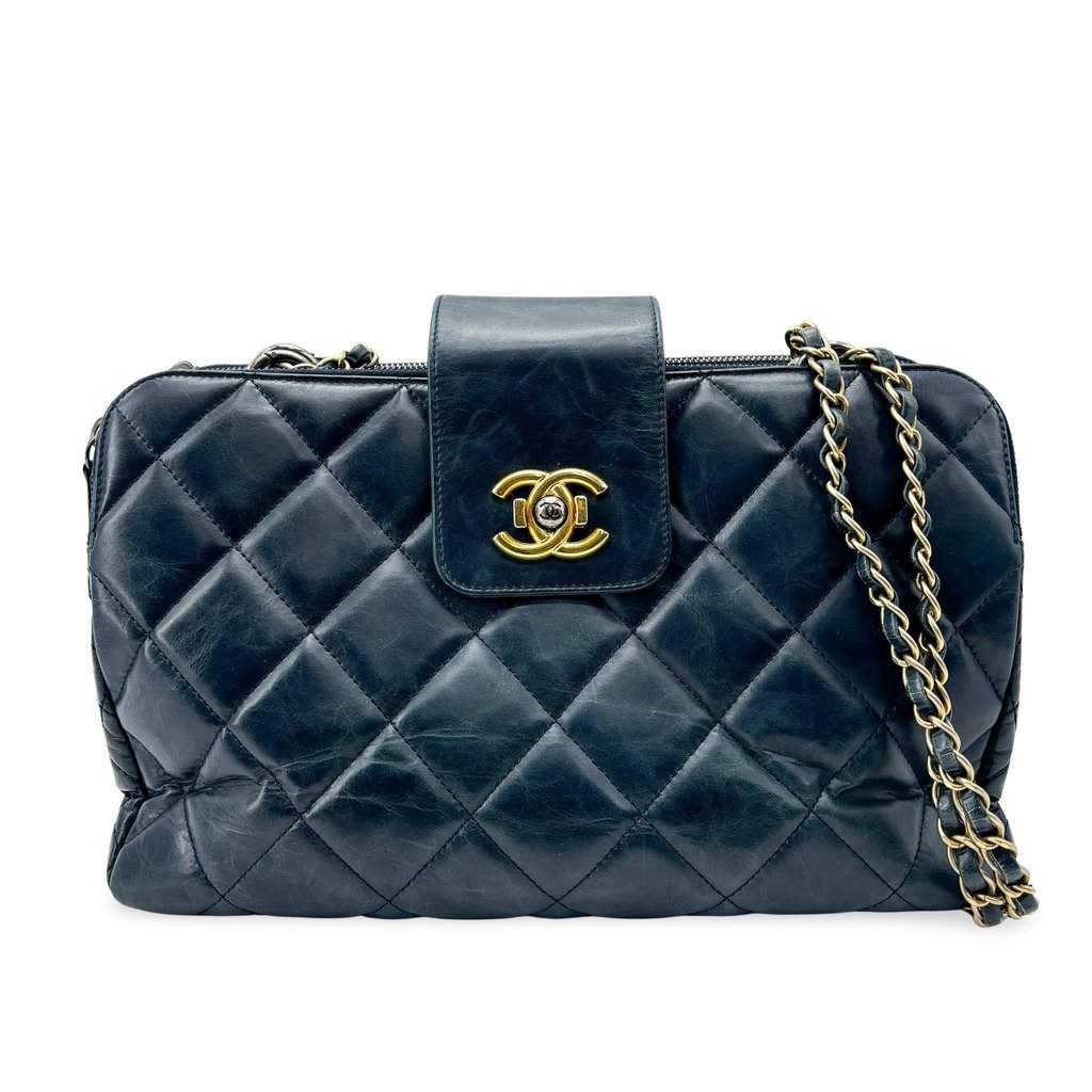 Chanel Vintage Lambskin Frame Chain Shoulder Bag Navy Gold Hardware Gold Leather Very good - Front View