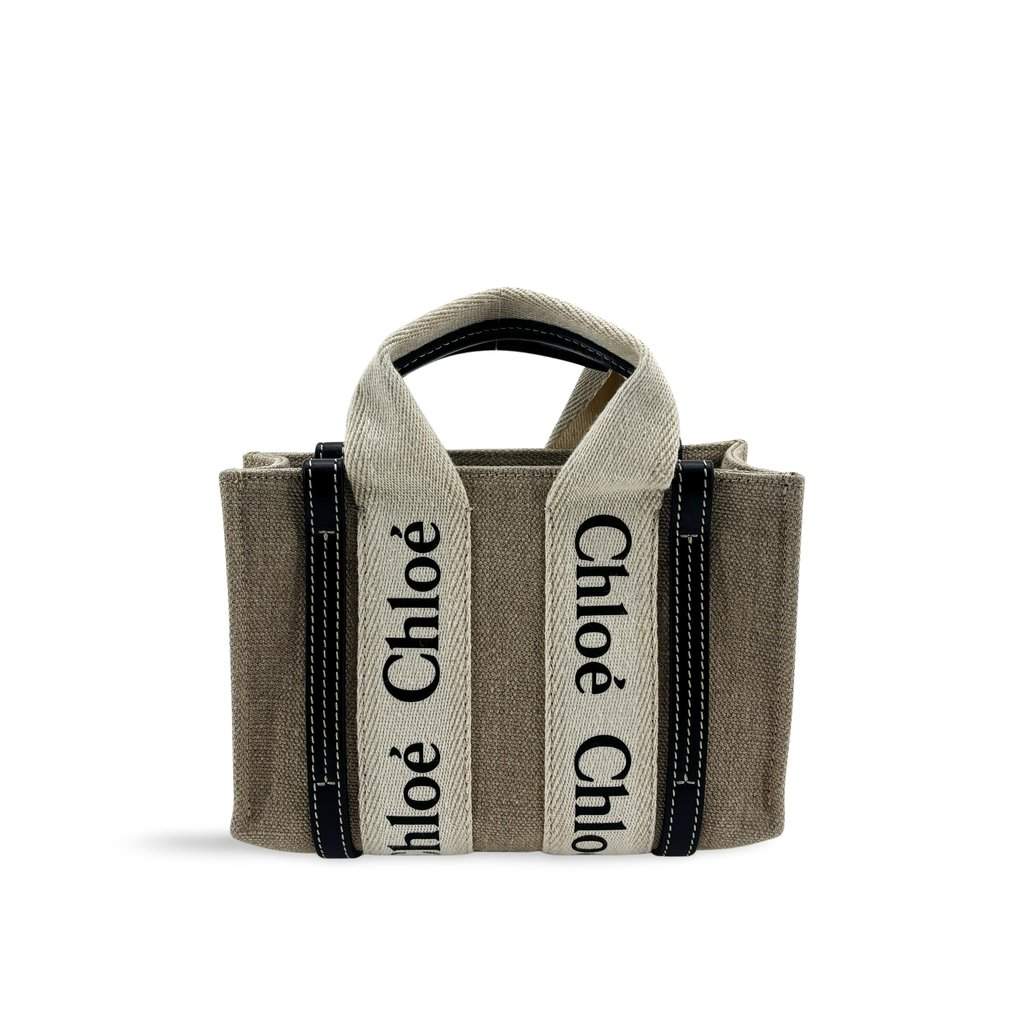 Chloé Woody Mini Tote Bag Navy Beige Canvas Very good - Front View
