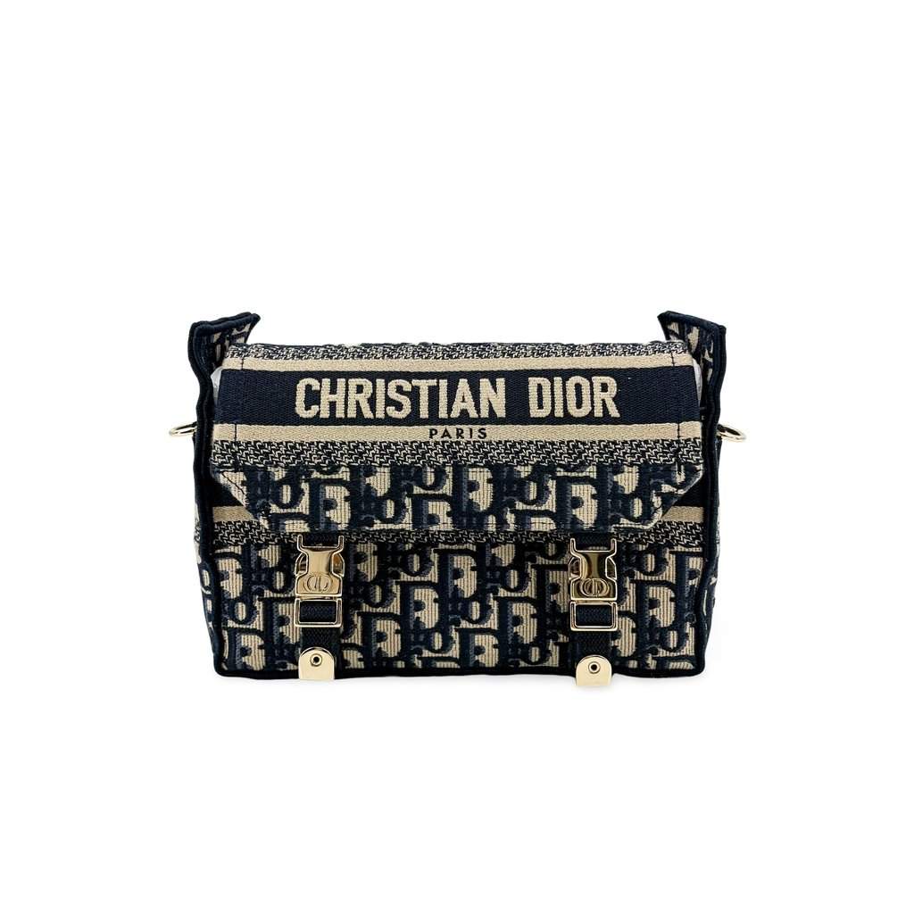 Dior Small Dior Camp Bag Navy Blue Oblique Embroidery MultiColor Leather Very good - Front View
